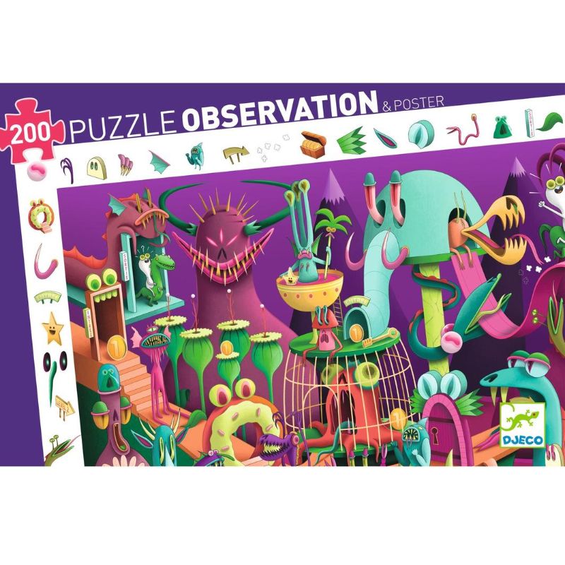 Colorful 200-piece Djeco puzzle featuring video game characters, promoting creativity and problem-solving for kids aged 5+.