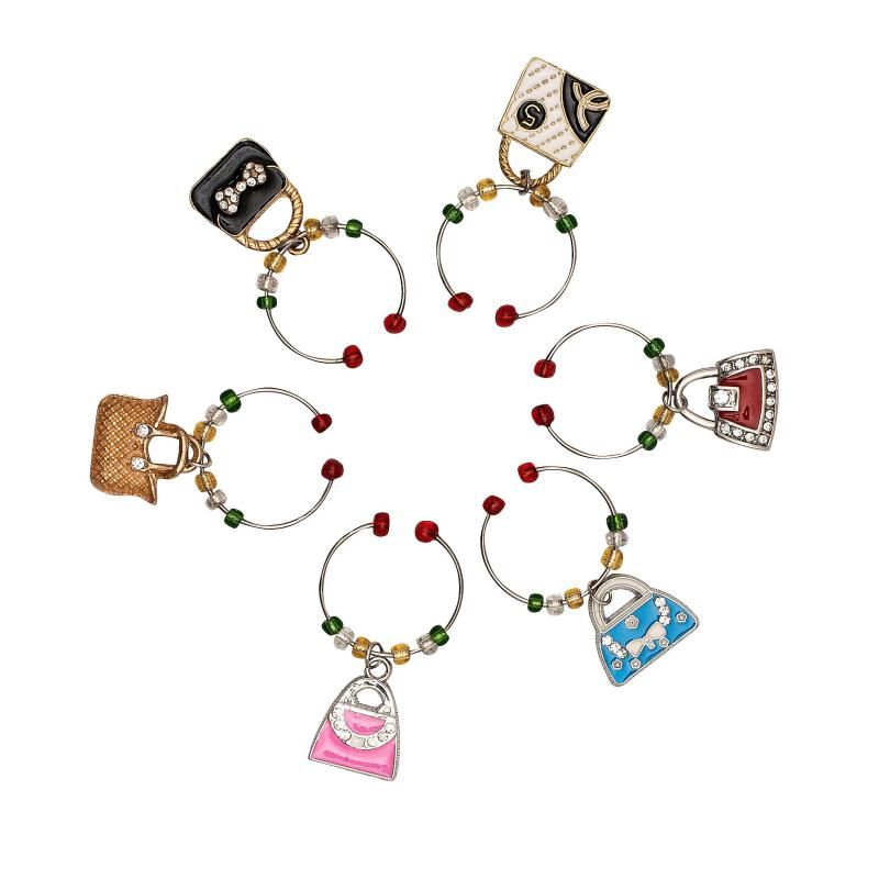 Set of 6 vibrant handbag wine charms, crafted from stainless steel, perfect for identifying glasses at gatherings.