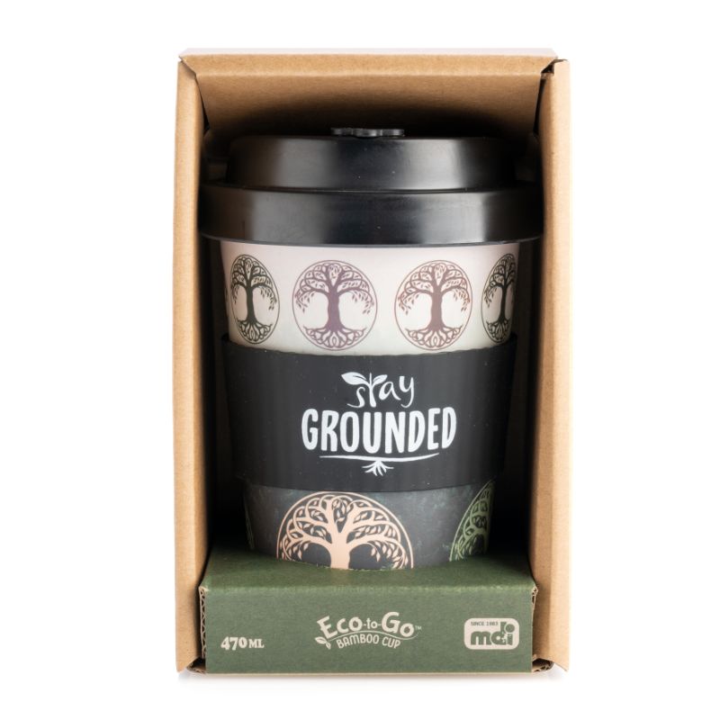 Eco-friendly bamboo travel cup with Tree of Life design, black lid, and silicone band; holds 470ml for sustainable sipping.