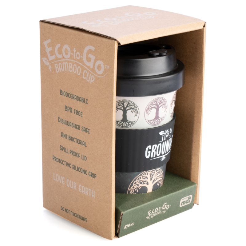 Eco-friendly bamboo cup with Tree of Life design, black lid, and silicone band; perfect for coffee, tea, or smoothies on-the-go.