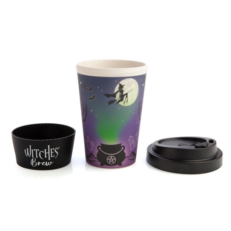 Eco-friendly bamboo travel cup featuring a witchy cauldron design, anti-spill lid, and comfortable silicone grip.