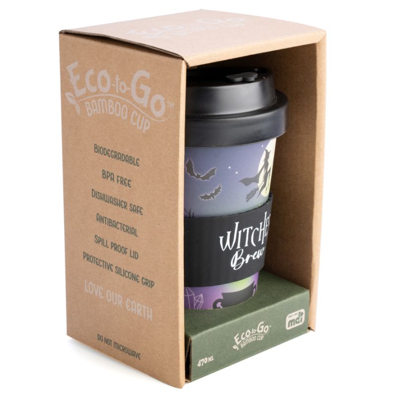Eco-friendly Bamboo Cup featuring a witchy cauldron design, 470ml capacity, with anti-spill lid and silicone grip band.