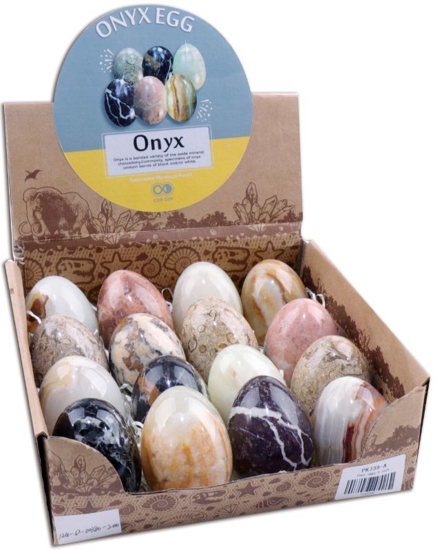 Set of 16 assorted Onyx Eggs, each 7.5cm, showcasing unique colors and patterns for elegant home decor.