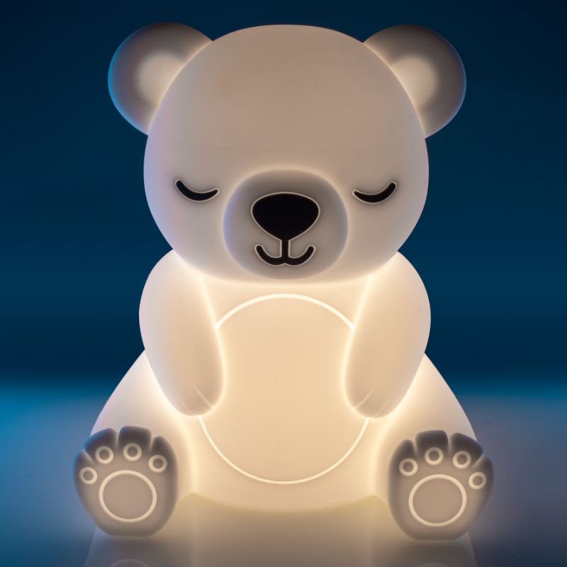 Adorable plush bear LED light with soft silicone, touch-activated brightness, rechargeable battery, perfect for children's rooms.
