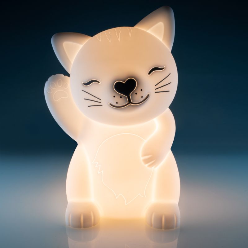 Adorable 12cm kitten LED lamp with soft touch design and 6 adjustable brightness levels for kids' rooms.