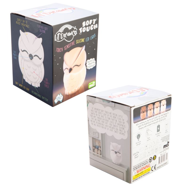 Soft-touch owl LED lamp with 6 brightness levels, rechargeable battery, and gentle glow for kids’ rooms.