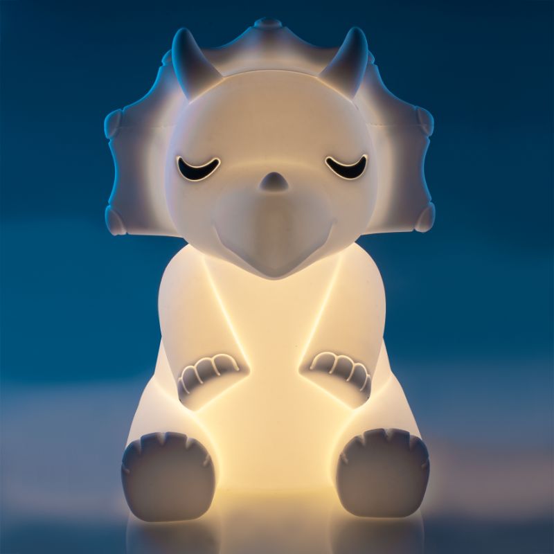 Charming Triceratops LED night light with soft silicone casing, adjustable brightness, and rechargeable battery for cozy bedtime.