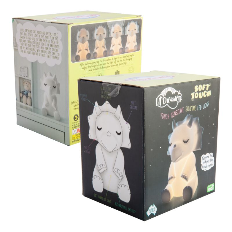 Soft silicone triceratops LED lamp with adjustable brightness, perfect for comforting kids at bedtime.