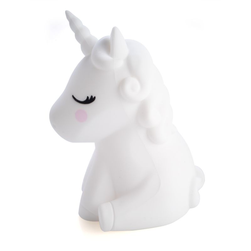 Soft silicone unicorn LED lamp with touch control, 6 brightness levels, and rechargeable battery, perfect for kids’ rooms.
