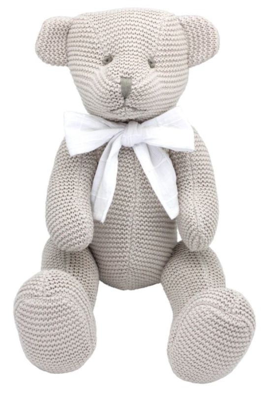 A 35cm plush Blake Bear in pink, blue, and beige, made of soft cotton knit, perfect for cuddles and imaginative play.