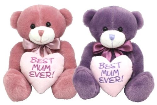 Adorable 19cm Nancy Bear soft toy in purple or dusky pink, featuring "Best Mum Ever!" heart print and a charming ribbon.