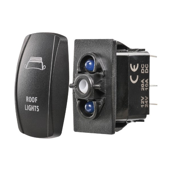 Red LED illuminated rocker switch for 12/24V systems, featuring a sealed design and clear 'On' indicator.