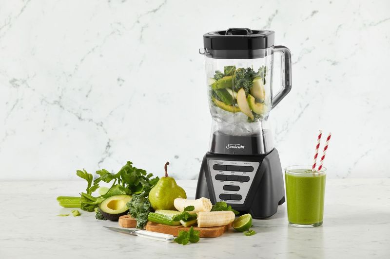 Sleek black Sunbeam Two Way Blender with 2L Tritan jug and 7 functions for versatile blending, including ice crushing and smoothies.