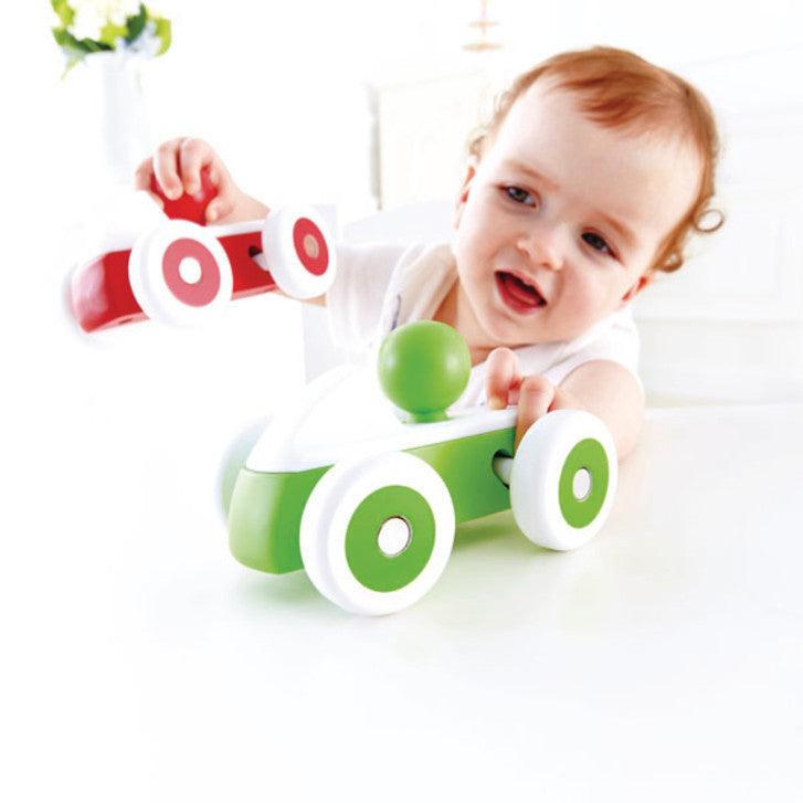 Vibrant wooden Rolling Roadster toy by Hape, designed for toddlers to enhance motor skills and imaginative play.