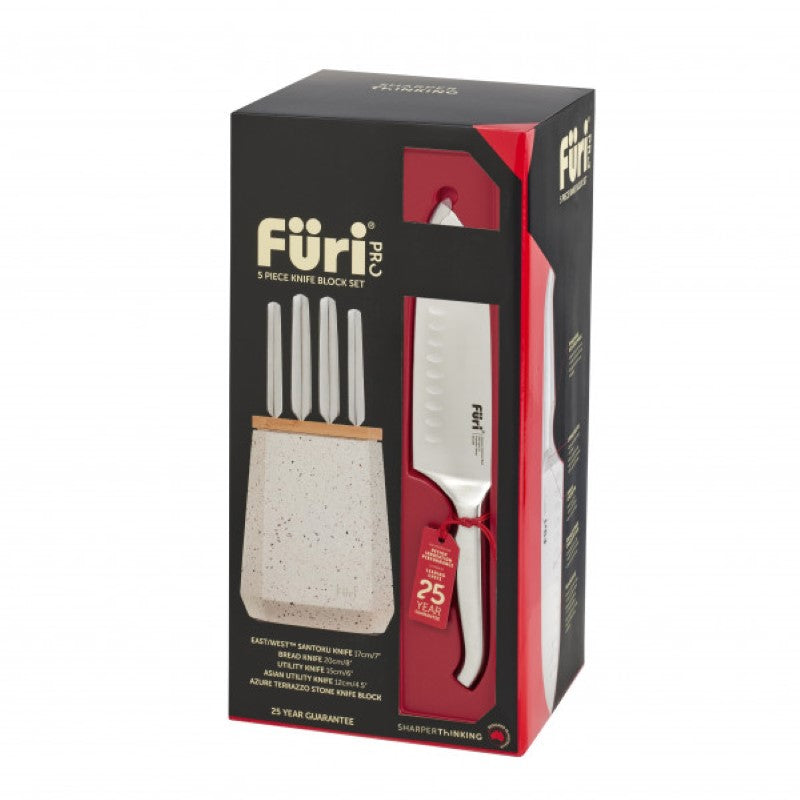 5-piece Furi Stone Knife Block Set in Azure Terazzo, featuring high carbon stainless steel knives and a stylish, compact storage block.