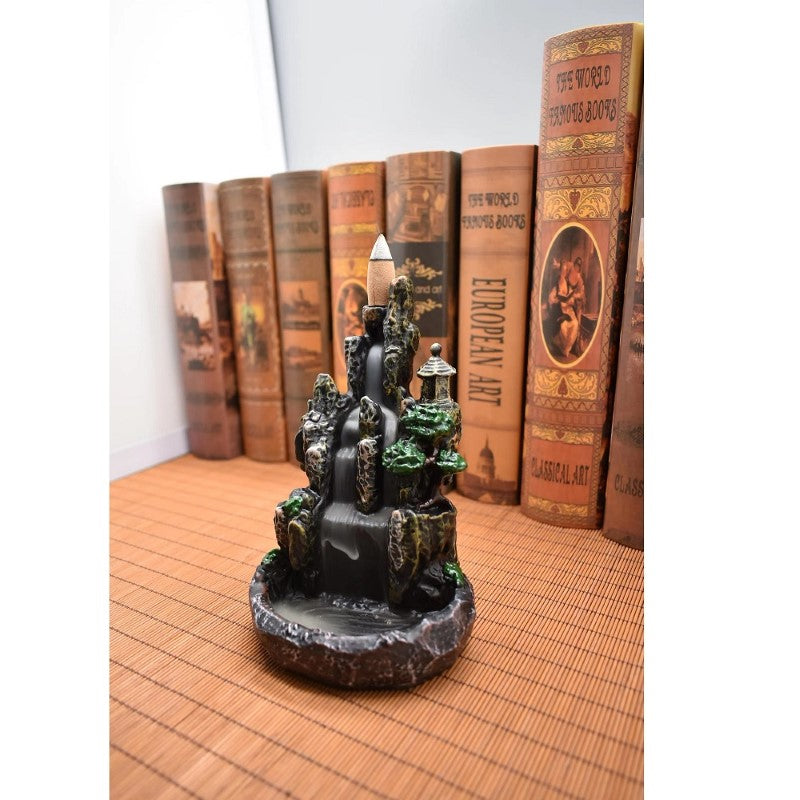 Temple Backflow Burner in polyresin, creating a serene waterfall smoke effect for relaxation and home decor.