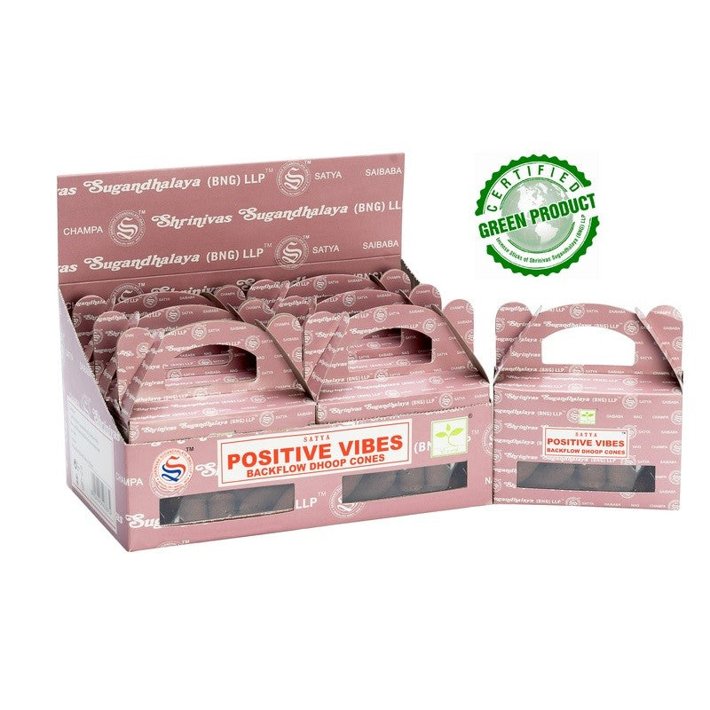 Set of 6 Satya Positive Vibes Backflow Incense Cones for enchanting fragrances and mesmerizing smoke effects in relaxation spaces.
