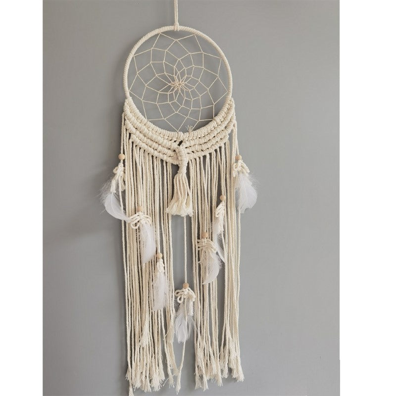 Cream macrame dreamcatcher, 20 cm, woven with intricate knots, perfect for promoting sweet dreams and enhancing decor.