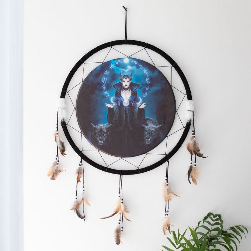 Dreamcatcher featuring Anne Stokes' 'Moon Witch' artwork with wolves, adorned with beads and feathers, 62cm round.