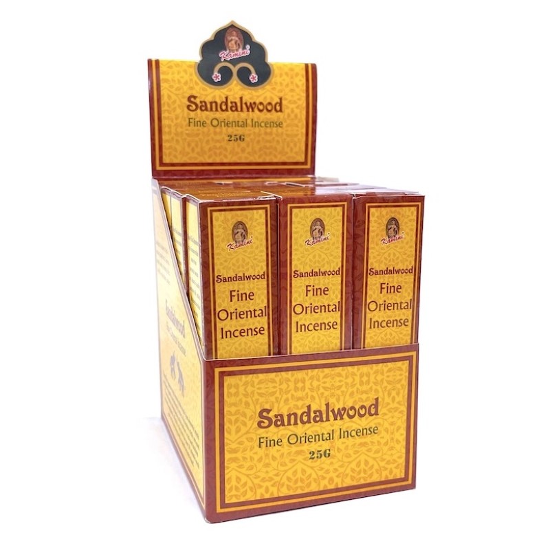 Kamini Sandalwood incense set of 12, featuring hand-rolled sticks and a ceramic burner for a calming ambiance.