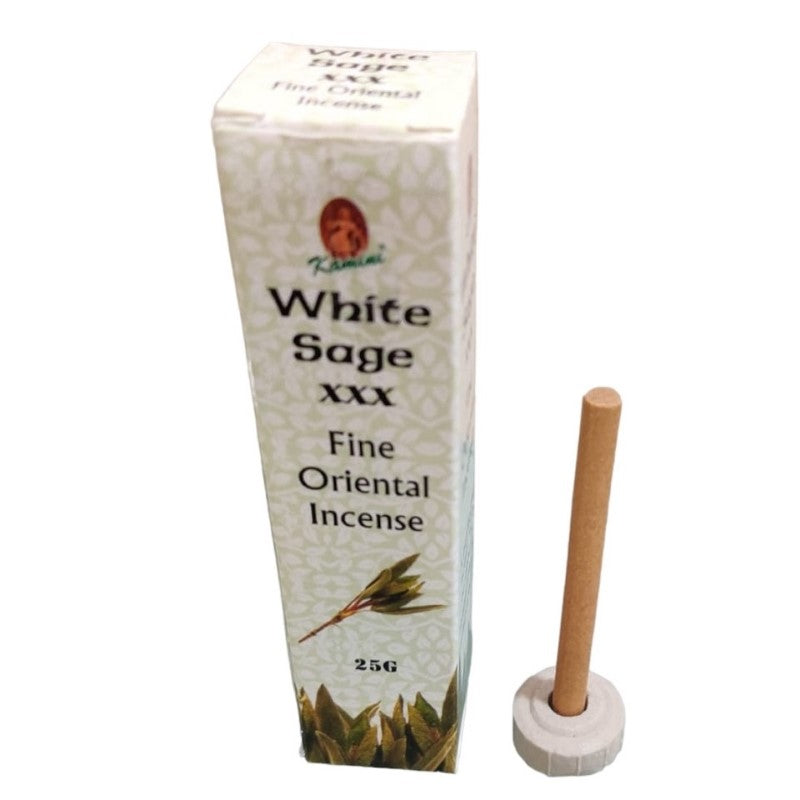 Set of 12 eco-friendly Japanese style incense sticks with calming white sage aroma, includes a ceramic burner for serenity.