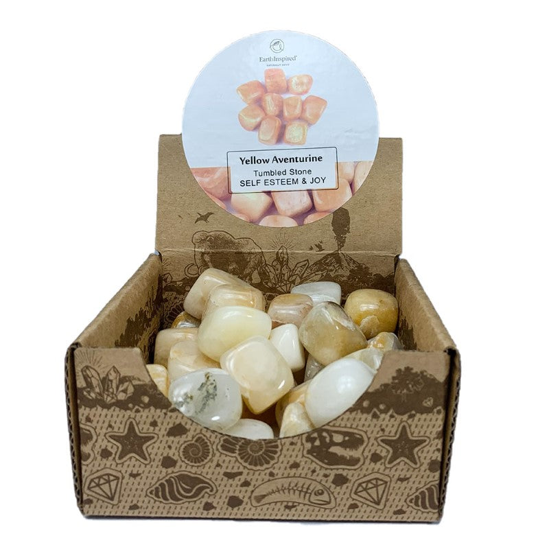 Yellow Aventurine Tumbled Stone Box featuring polished yellow stones, ideal for enhancing positivity and self-esteem.