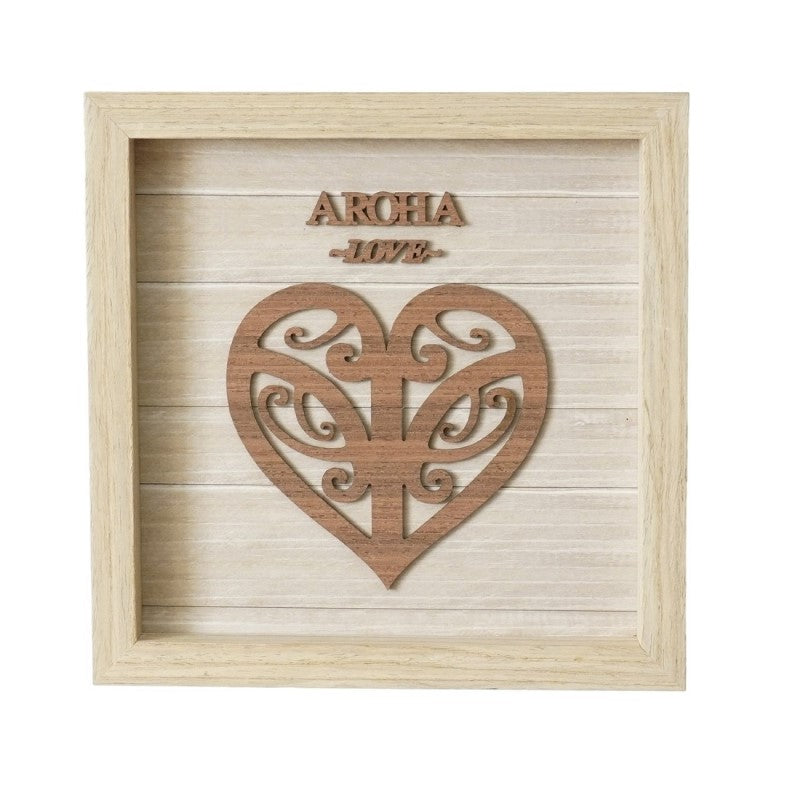 Aroha Wooden Plaque featuring the word 'Aroha' and Koru motif, symbolizing love and new beginnings, suitable for display or hanging.