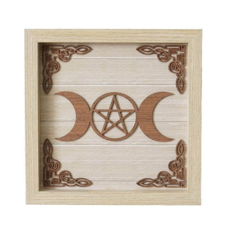 Intricate Triple Moon Wooden Plaque showcasing Maiden, Mother, and Crone, ideal for spiritual and witchcraft decor.