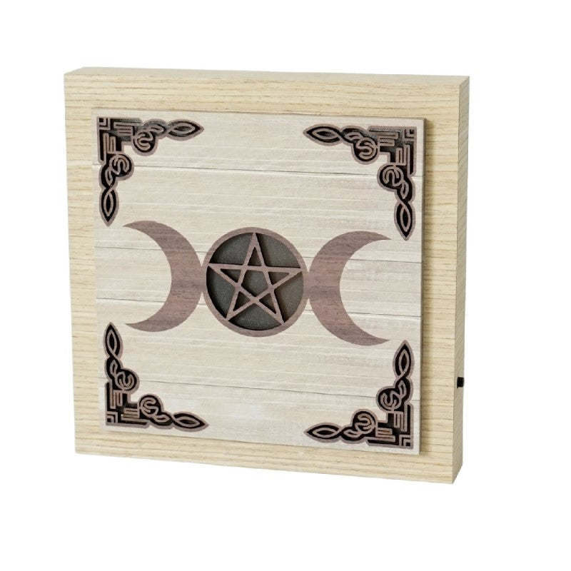 Triple Moon Colour Changing LED Plaque featuring the triple goddess symbol, enhancing decor with vibrant LED lights.