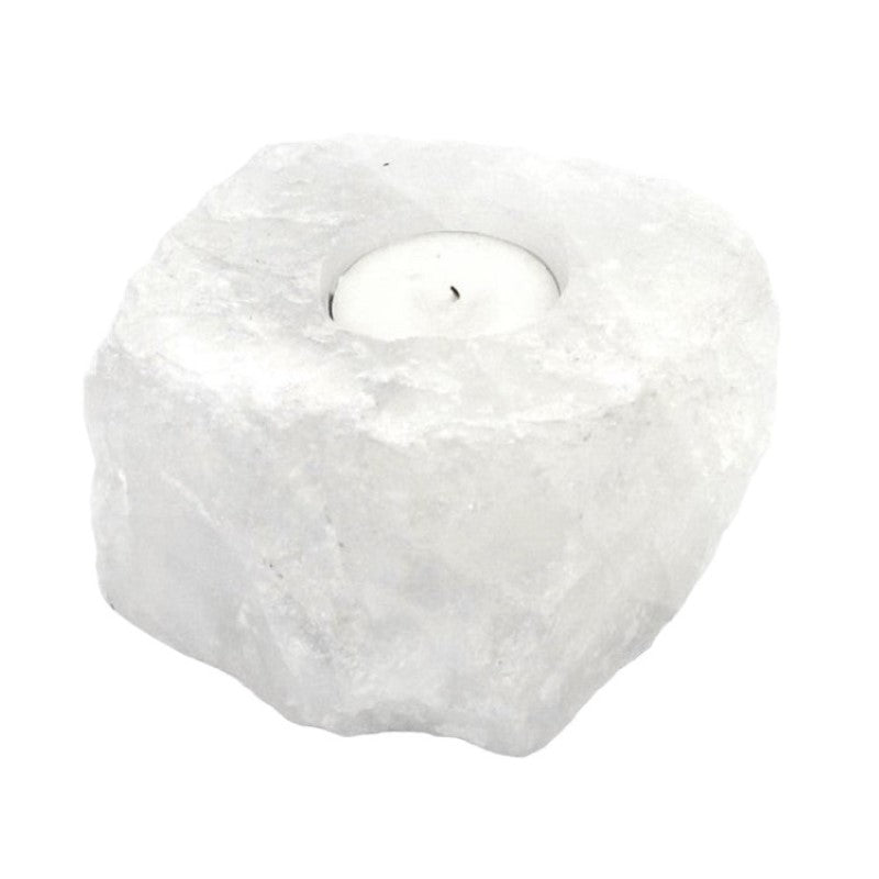 Clear Quartz Tealight Holder showcasing natural elegance, promotes tranquility, and holds one standard tealight candle securely.