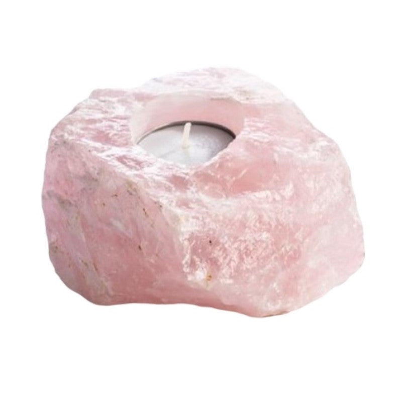 Elegant rose quartz tealight holder with unique natural variations, promoting tranquility and emotional healing in any space.