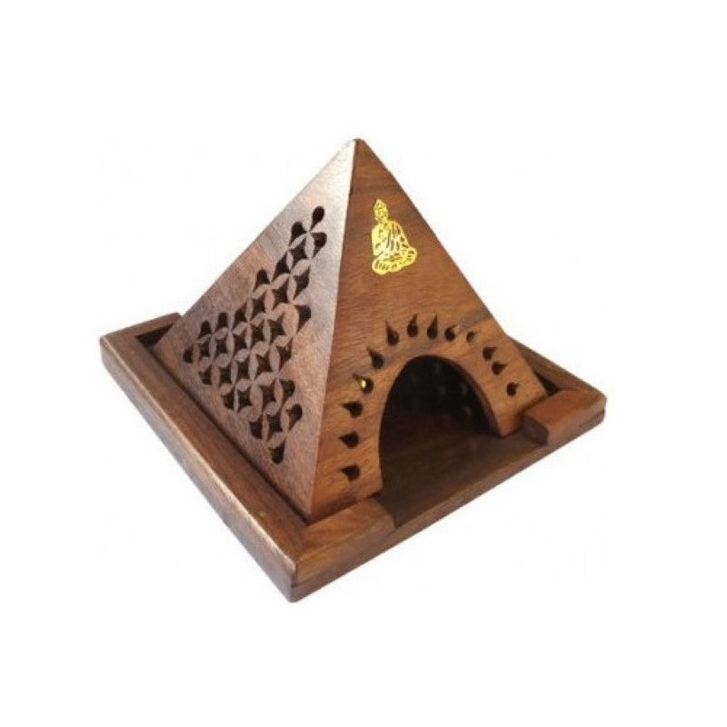 Pyramid-shaped brass inlaid Buddha cone burner made from polished Sheesham wood, perfect for incense and meditation.