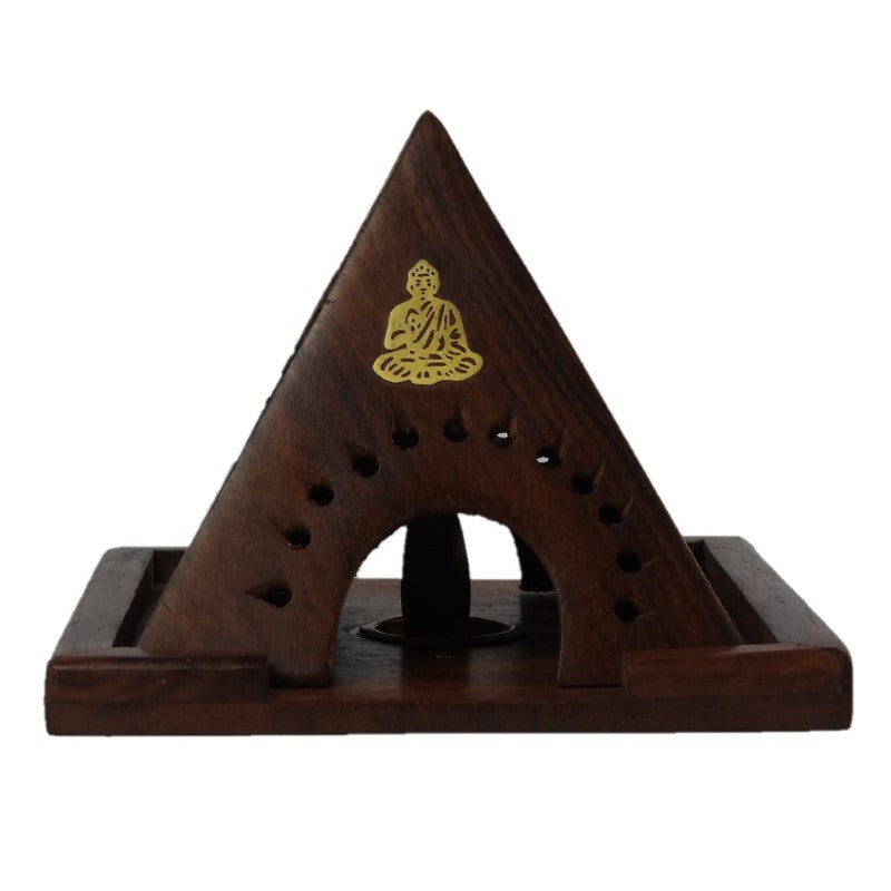 Pyramid-shaped incense holder made of polished Sheesham wood with intricate Buddha brass inlay for calming ambiance.