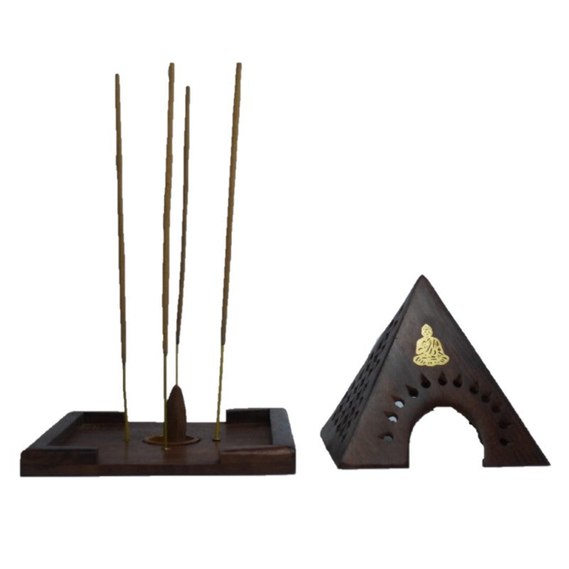 Pyramid-shaped incense burner made of polished Sheesham wood with intricate brass Buddha inlay, ideal for enhancing ambiance.