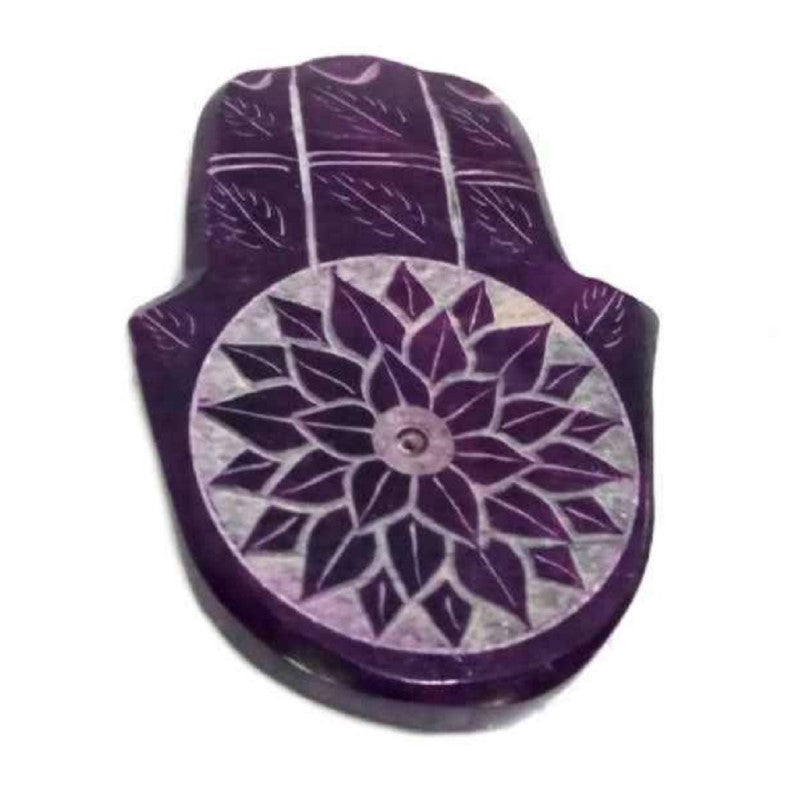 Handcrafted purple soapstone Hamsa incense holders, ideal for burning sticks or cones, enhancing spiritual ambiance.
