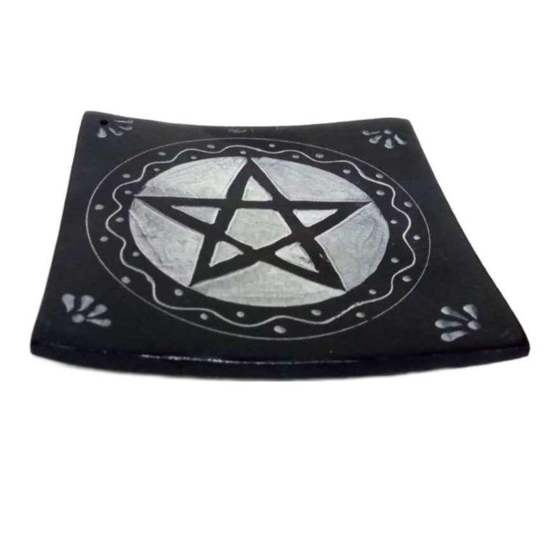 Set of 2 handcrafted black soapstone incense holders with a pentacle design, ideal for meditation and home decor.
