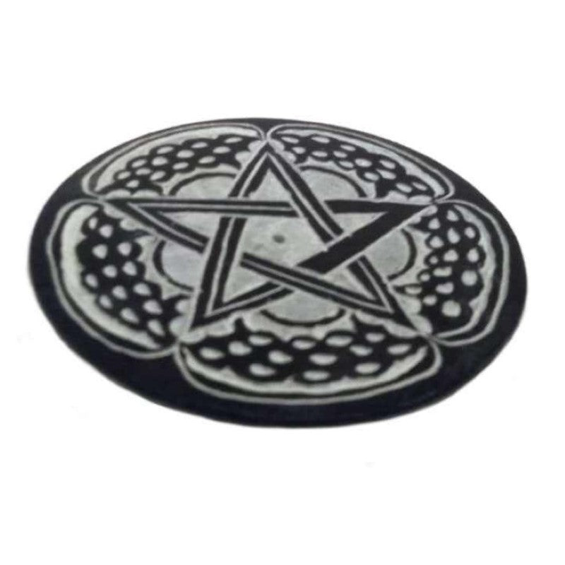Set of 2 handcrafted soapstone incense holders with pentacle design and multi-colored finish, perfect for relaxation and decor.