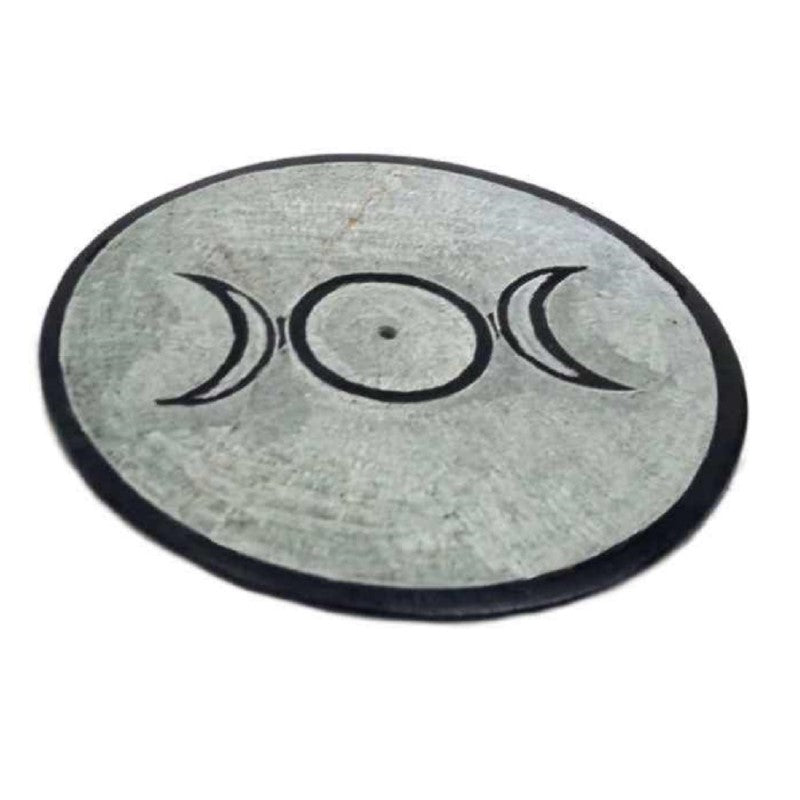 Set of 2 handcrafted soapstone incense holders featuring an elegant Triple Moon design, ideal for meditation and home decor.