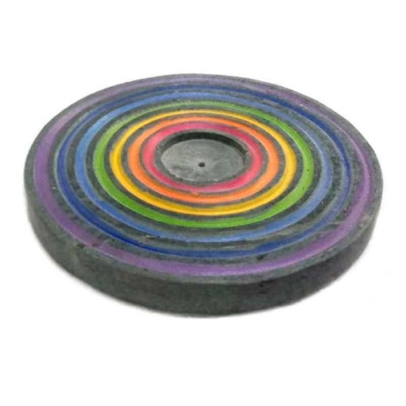 Charka Soapstone Round Incense Holder with colorful chakra design, ideal for meditation and aromatherapy, handcrafted in India.