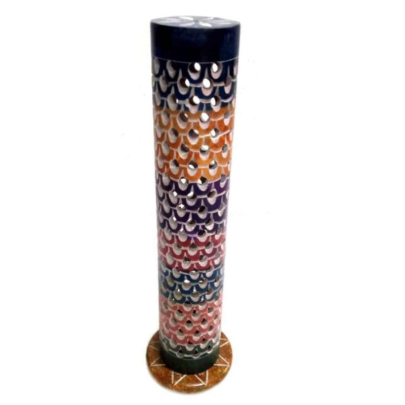 Handcrafted 10.5-inch Jali Multi Colour Soapstone Incense Tower with vibrant carvings, perfect for incense sticks and cones.