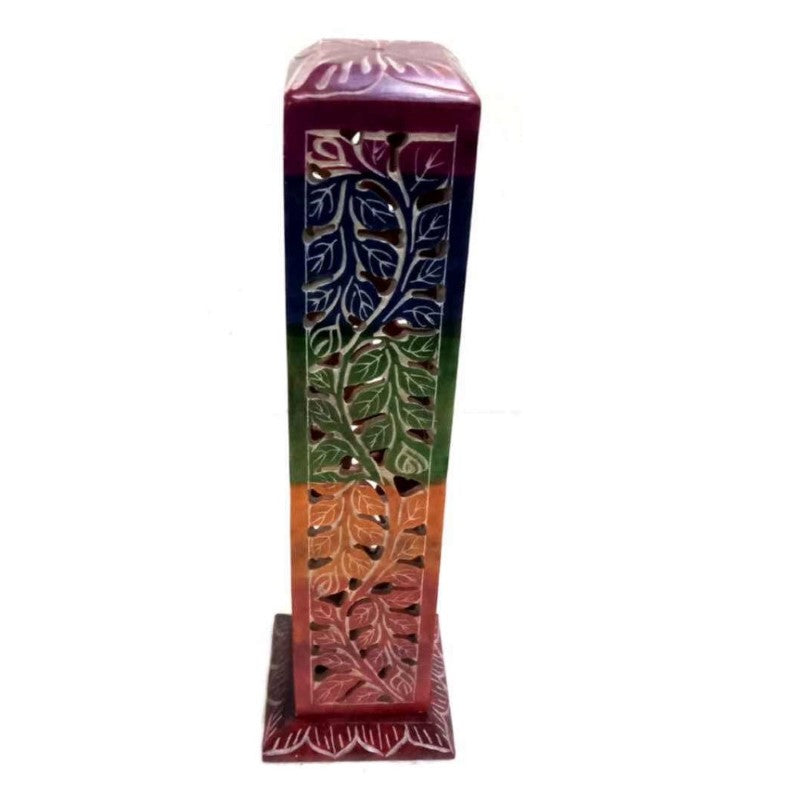 Multi Colour Square Soapstone Incense Tower, handcrafted in India, with intricate cutouts for aromatic smoke and vibrant colors.