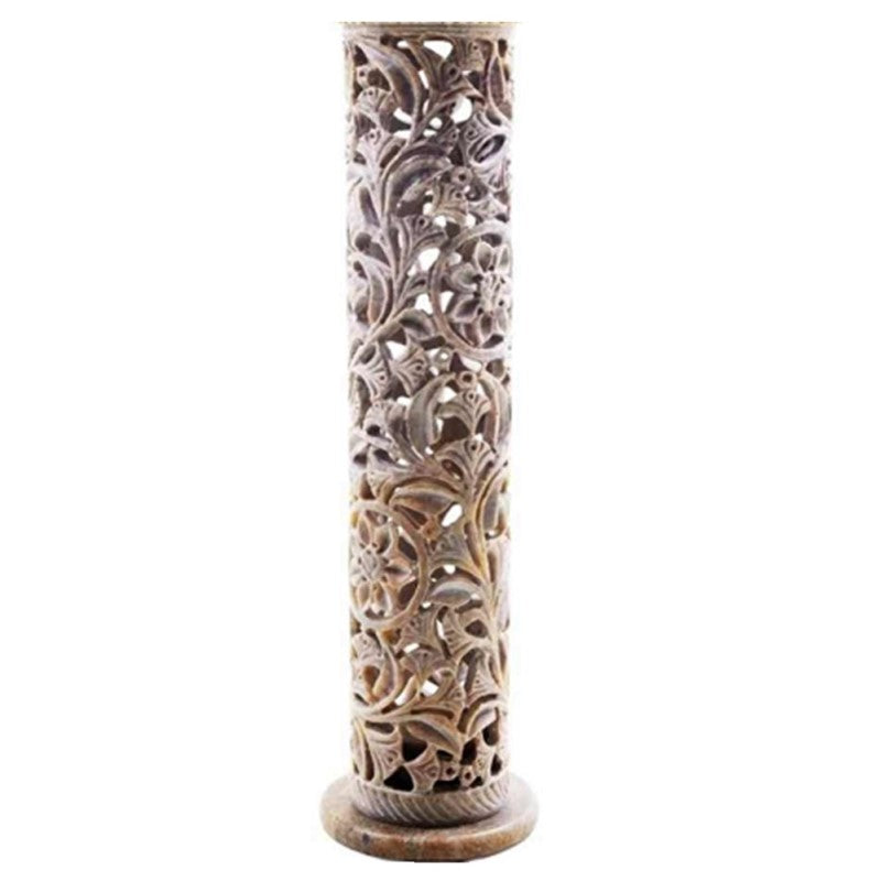 Handcrafted Flower Soapstone Incense Tower, 10.5 inches tall, features intricate floral design for aromatic relaxation.