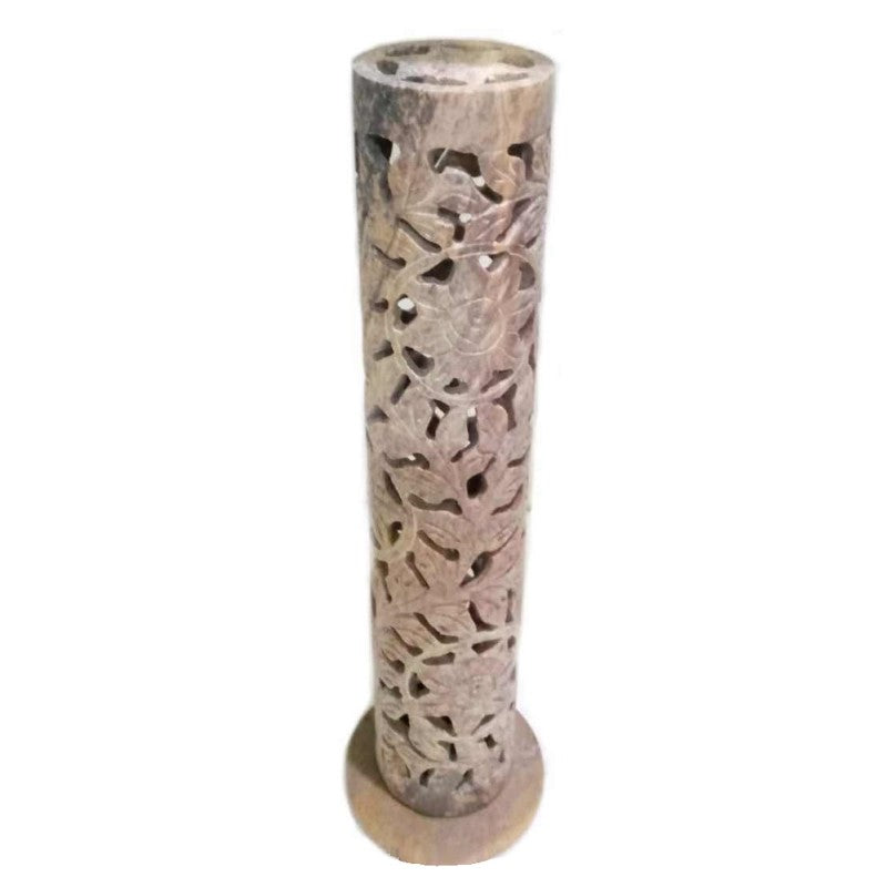 Elegant 10.5-inch soapstone incense tower with sun motif, perfect for aromatherapy and enhancing any space.