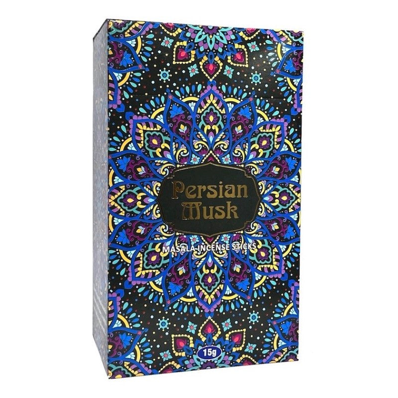 Set of 12 hand-rolled Persian Musk incense sticks (15g each) offering a warm, exotic scent for relaxation and meditation.