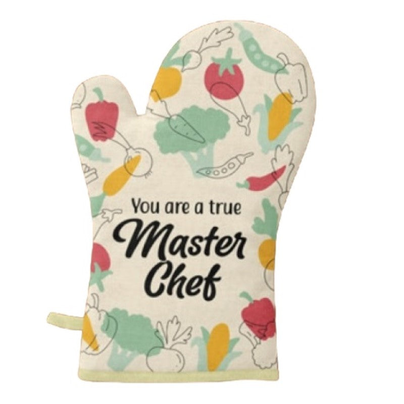 Stylish "You Are a True Masterchef" oven glove, heat-resistant, comfy grip, perfect for home cooks and baking enthusiasts.
