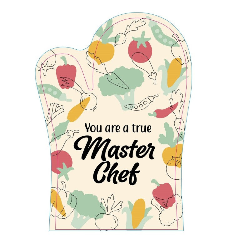 Stylish 'You Are a True Masterchef' oven glove, heat-resistant and perfect for passionate home cooks, measuring 19.5 x 28.5 cm.