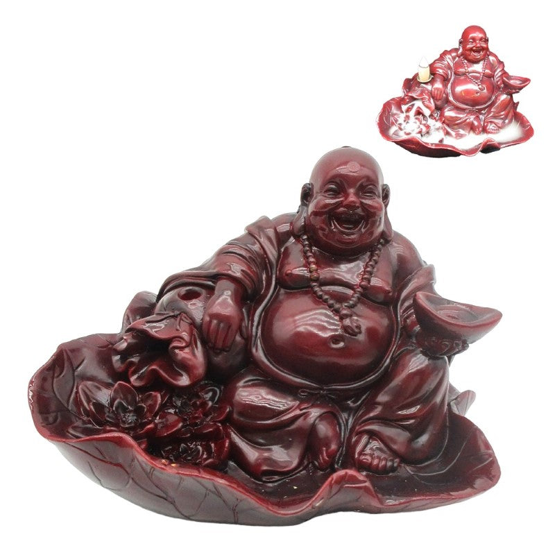 Happy Buddha Backflow Burner, a hand-painted resin incense holder creating a serene waterfall smoke effect for relaxation.