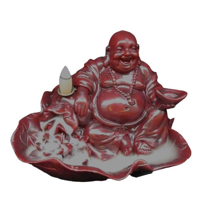 Happy Buddha Backflow Burner with waterfall smoke effect, promoting tranquility and positivity in any space.