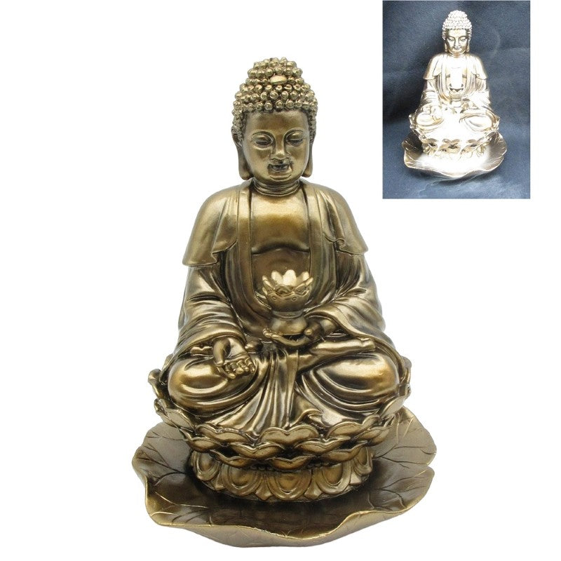 Elegant bronze praying Buddha backflow incense burner, creating tranquil smoke cascades from a lotus flower for serene relaxation.
