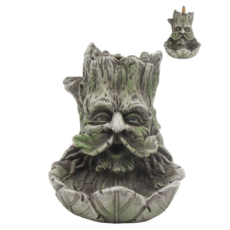 Intricate Green Man backflow incense burner with cascading smoke effects, perfect for relaxation and meditation.
